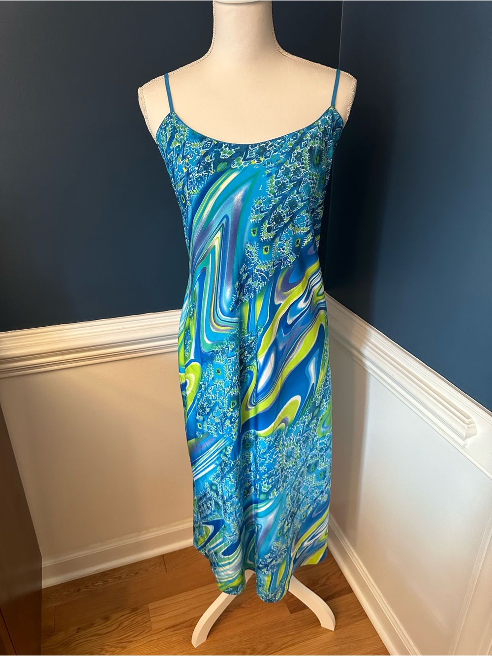 Natori Blue Green Abstract Print Satin Slip Midi Dress Size XL